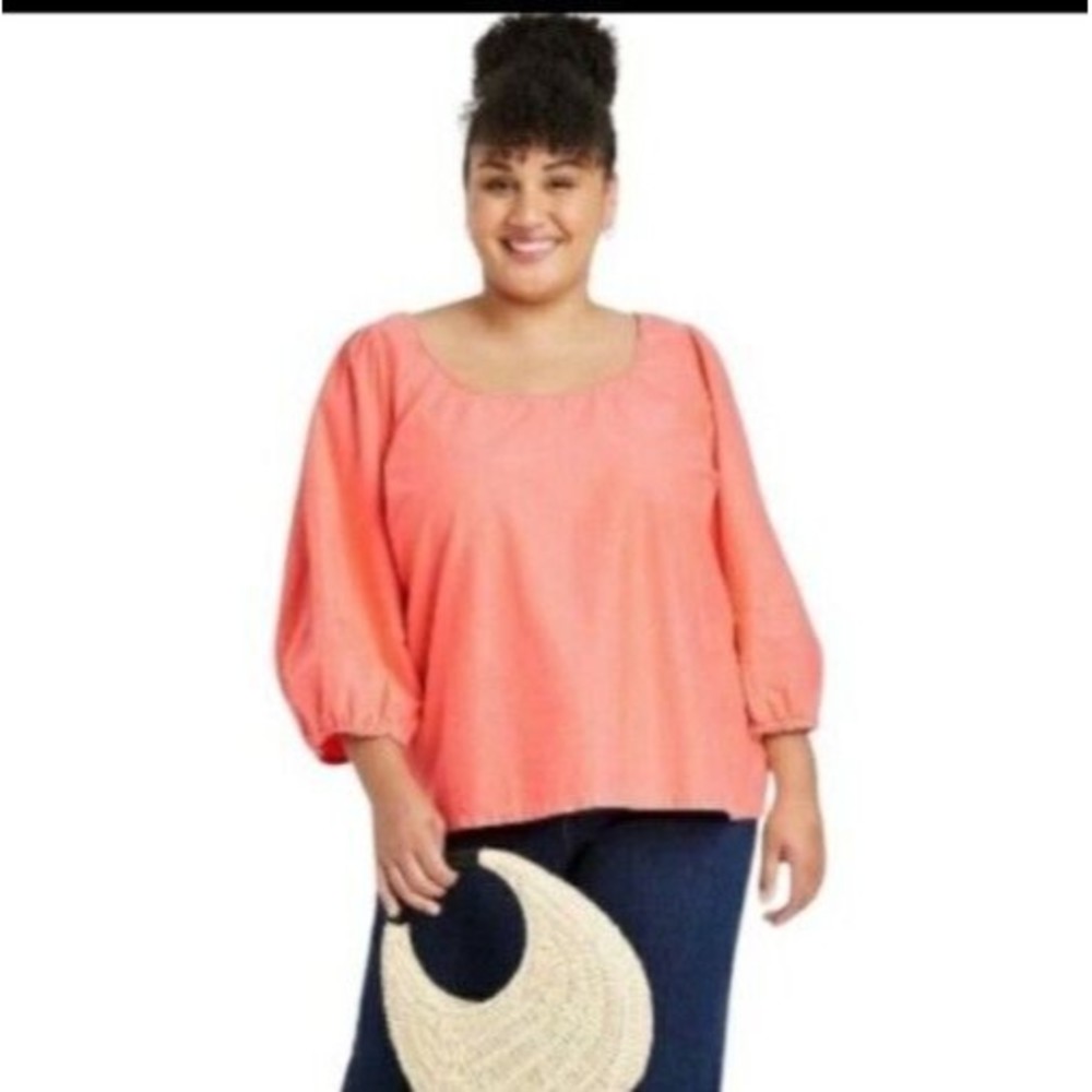 NWT Ava  & Viv Long Puffed Sleeve orange top  Blouse size  3X 100% cotton